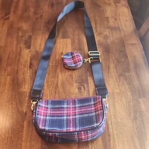 Red And Black Flannel Crossbody Bag With Attachable Coin Purse Gold Hardware